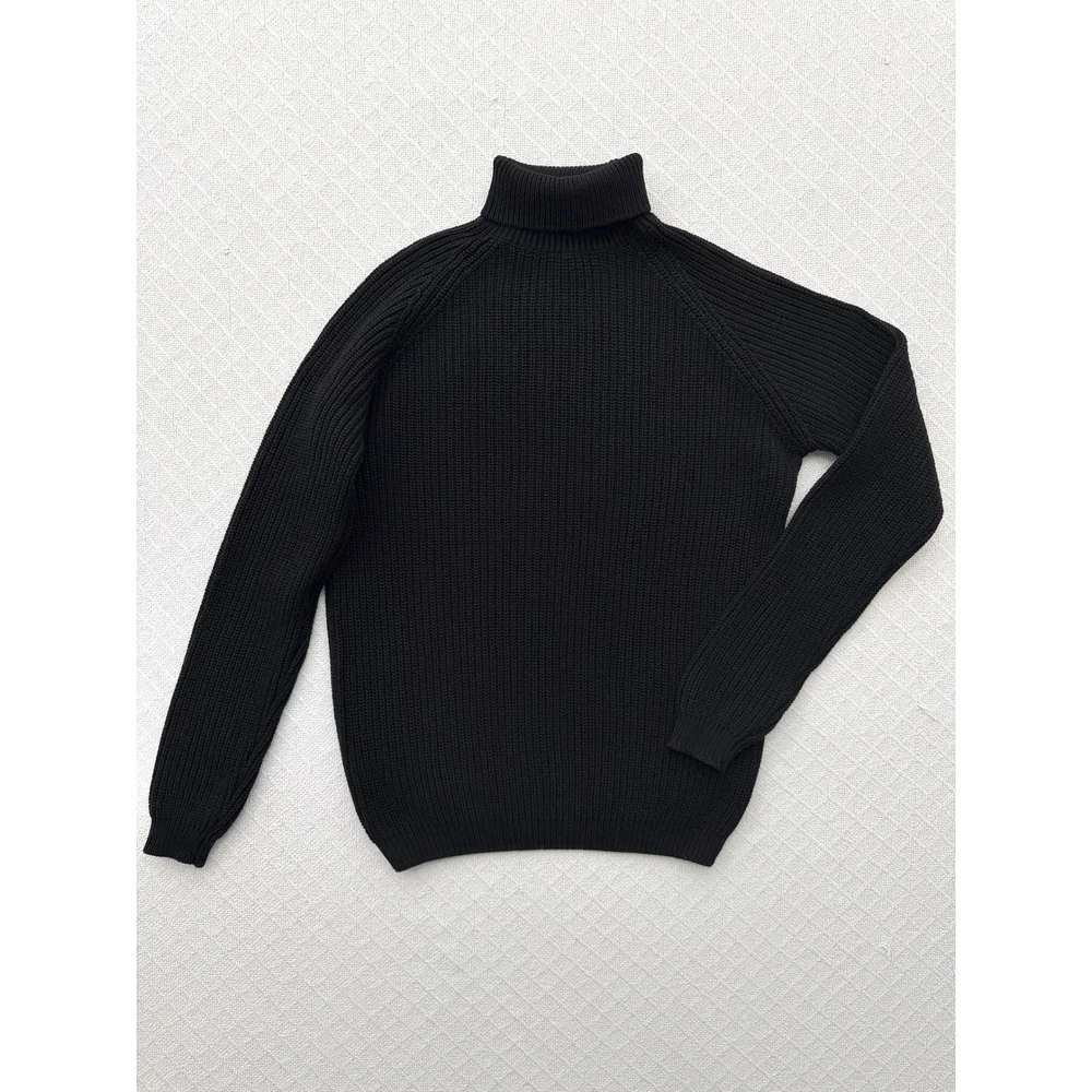 Zara Ribbed Turtleneck Sweater Black Cotton Raglan Sleeve Chunky Knit Size Large